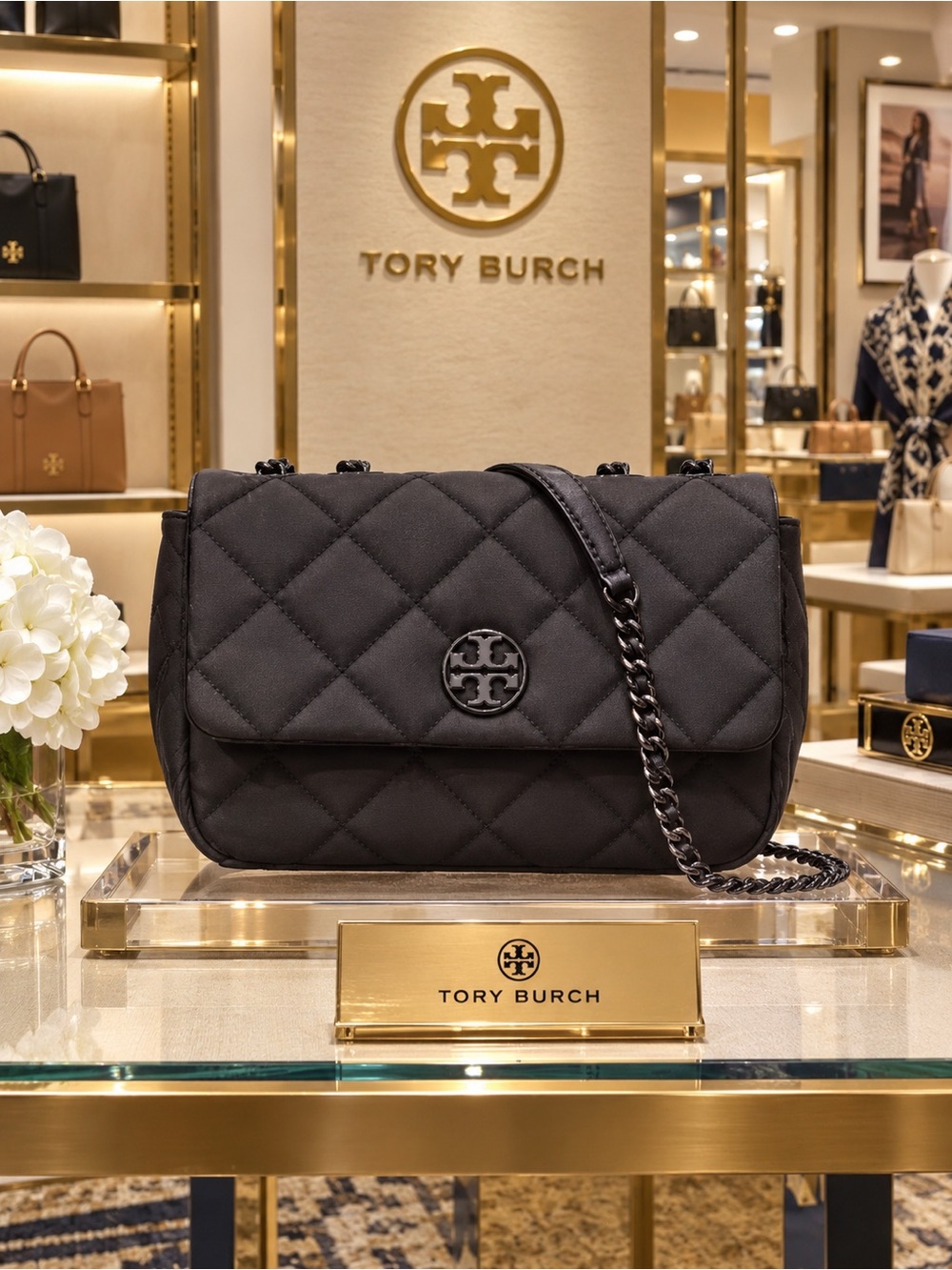 NWOT Tory Burch Black Matte Quilted Willa Small Crossbody Bag